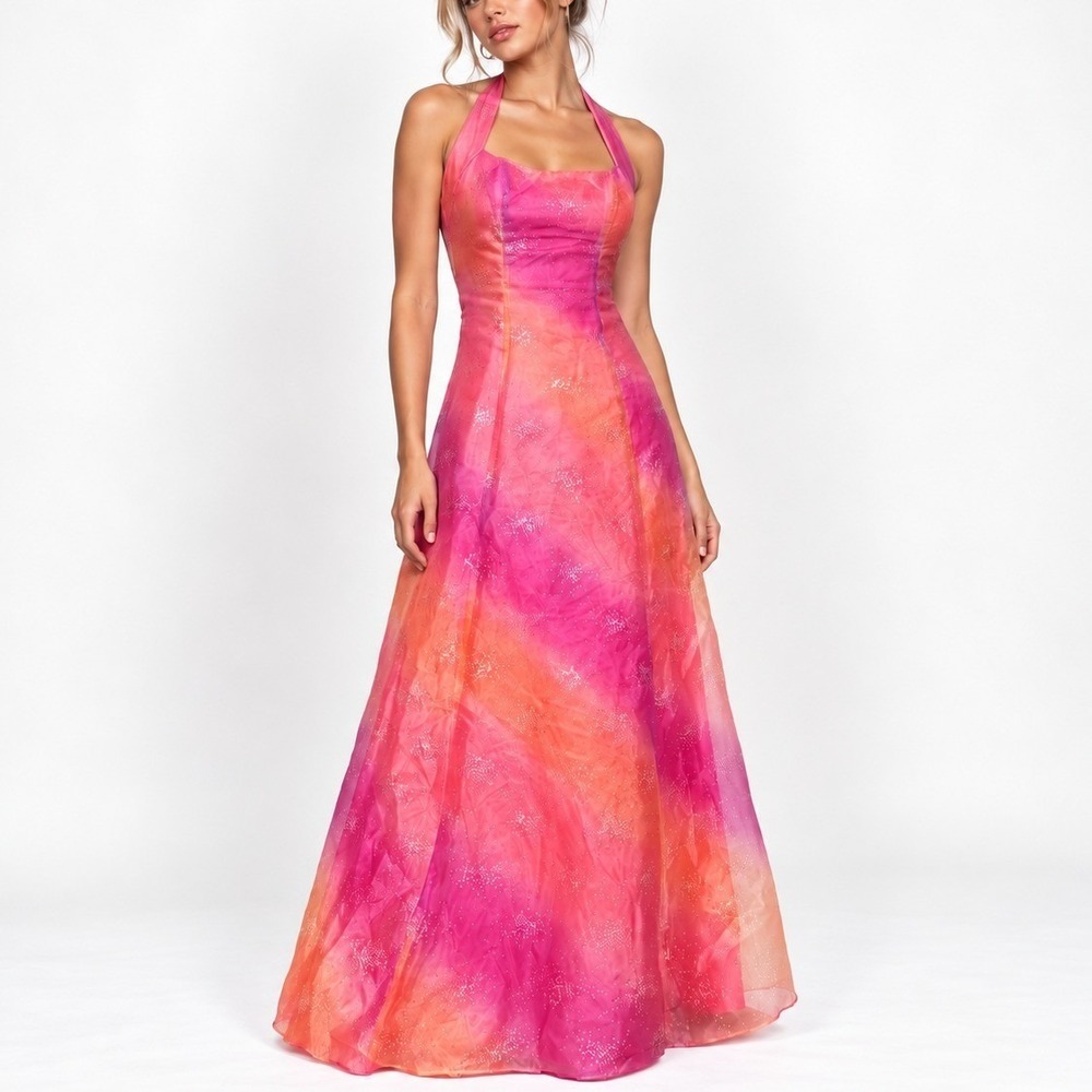 Zum Zum Halter Gown Women XS Pink Orange Ombre Glitter Y2K Prom Dress HoCo READ